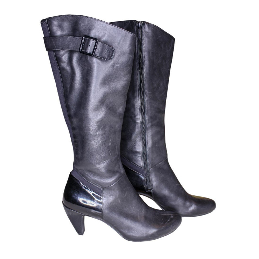 Tsubo High Heel Boots Black Leather Knee Boots Buckle Detail Size 7
